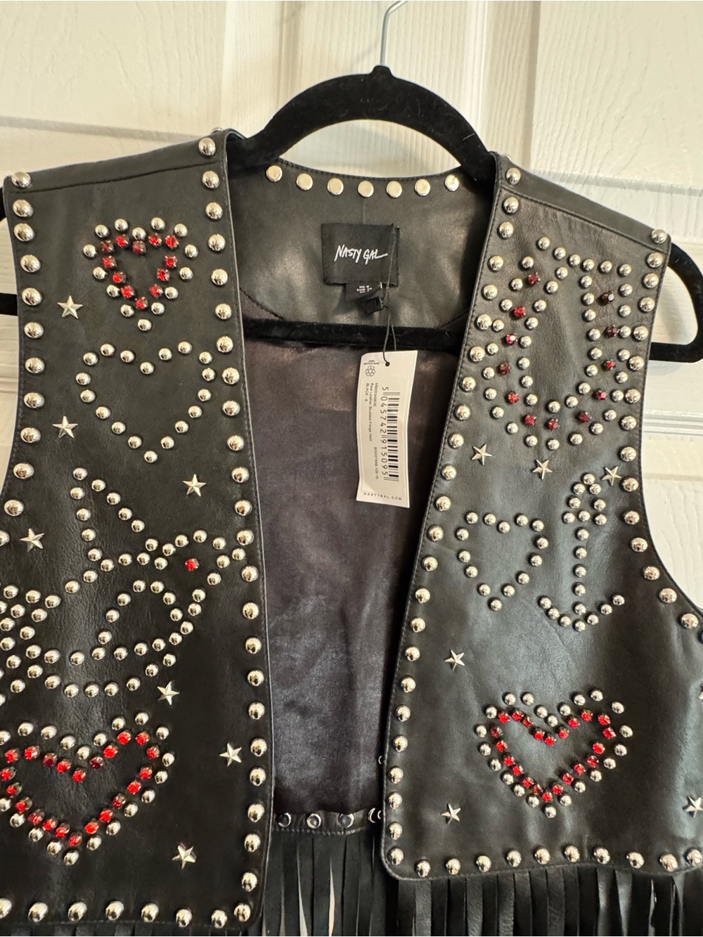 Nasty Gal Black Studded Fringe Vest with Red Heart Embellishments